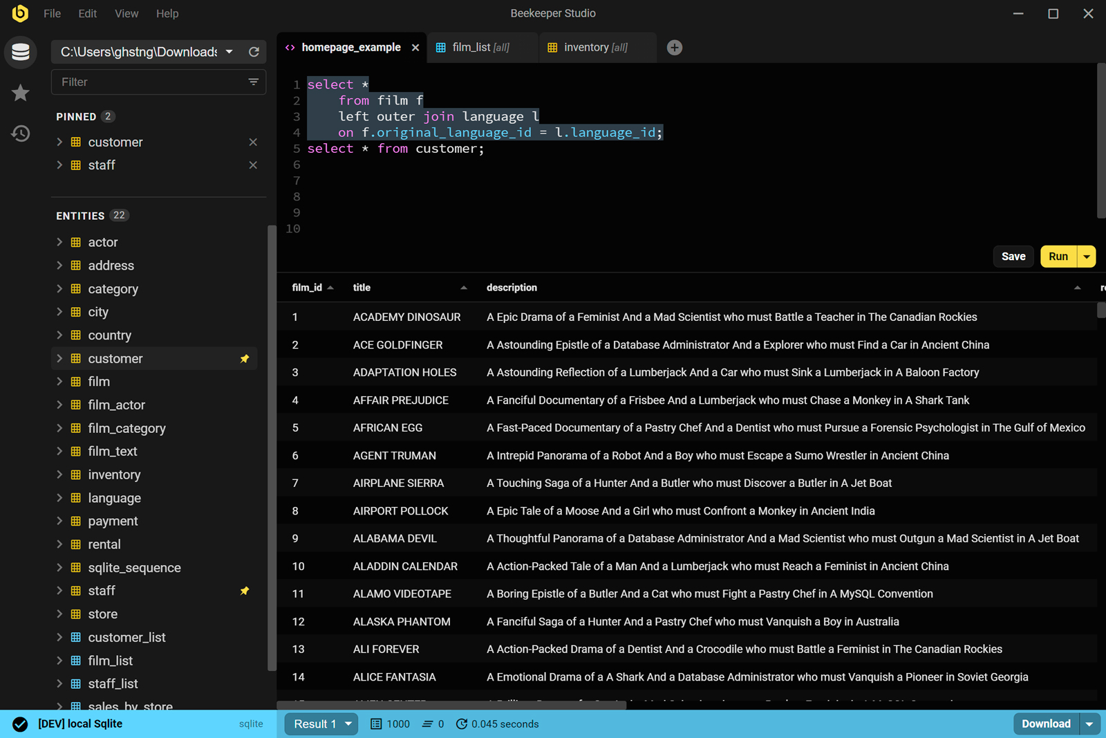 Beekeeper Studio SQL editor with query results and connection panel