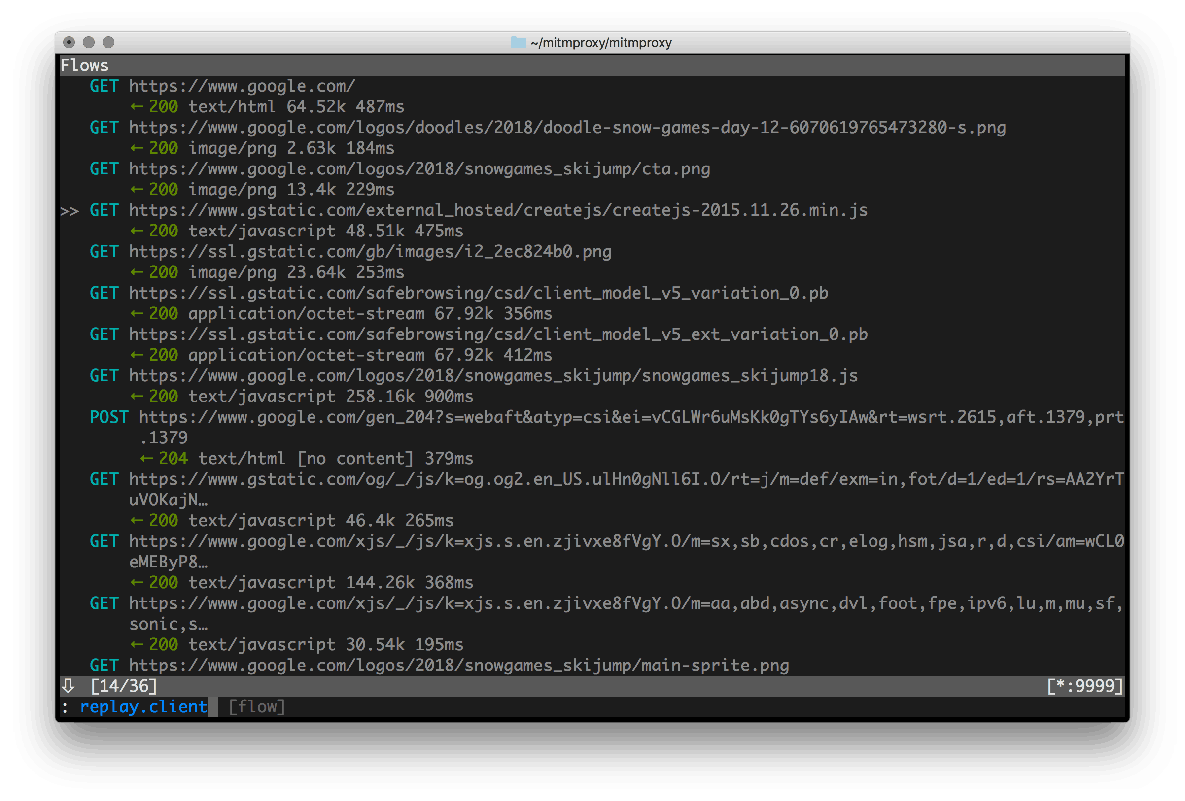 mitmproxy terminal interface showing intercepted HTTPS traffic