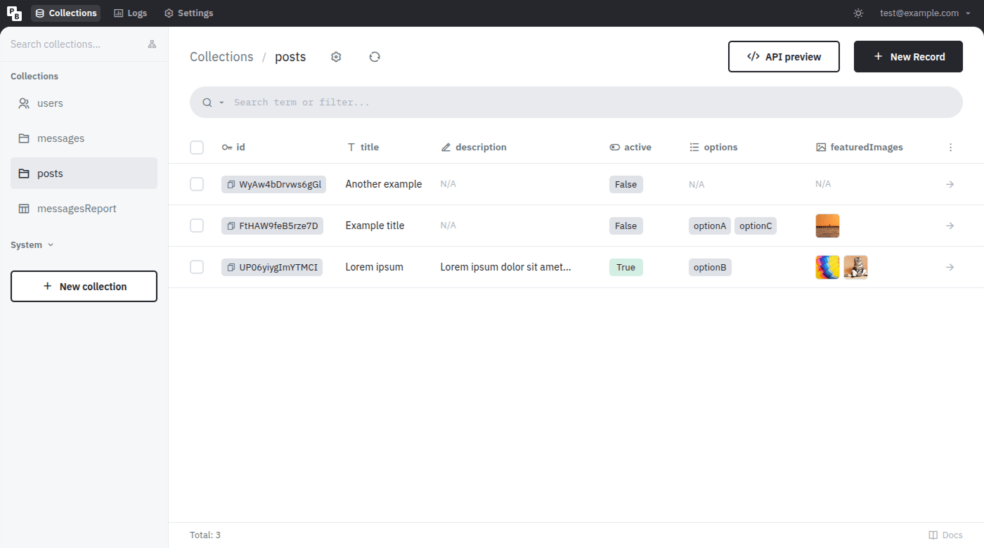 Pocketbase admin dashboard showing collections, records, and API rules